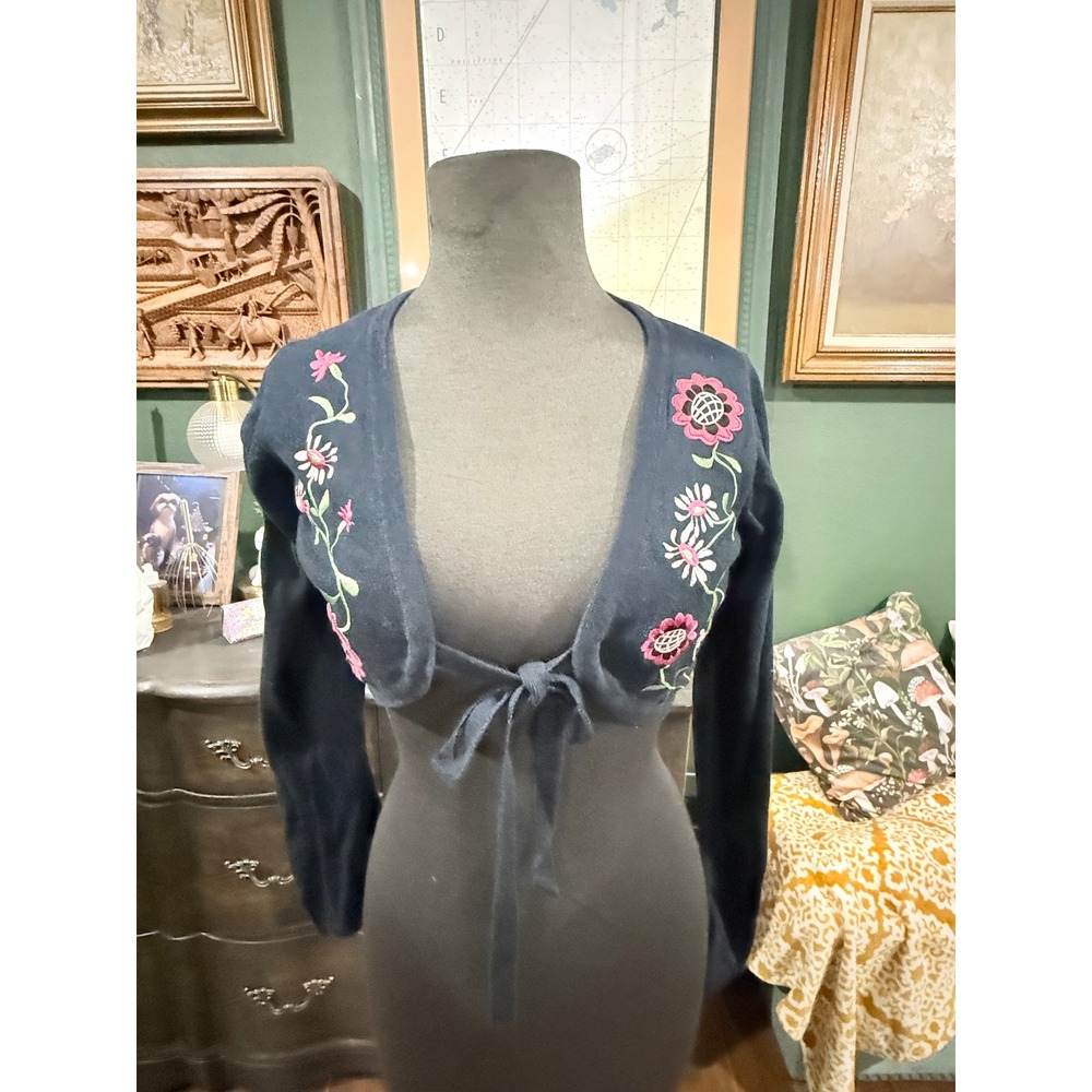 Rave Vintage Navy Blue Floral Embroidered Cropped Shrug Tie Front Cardigan M